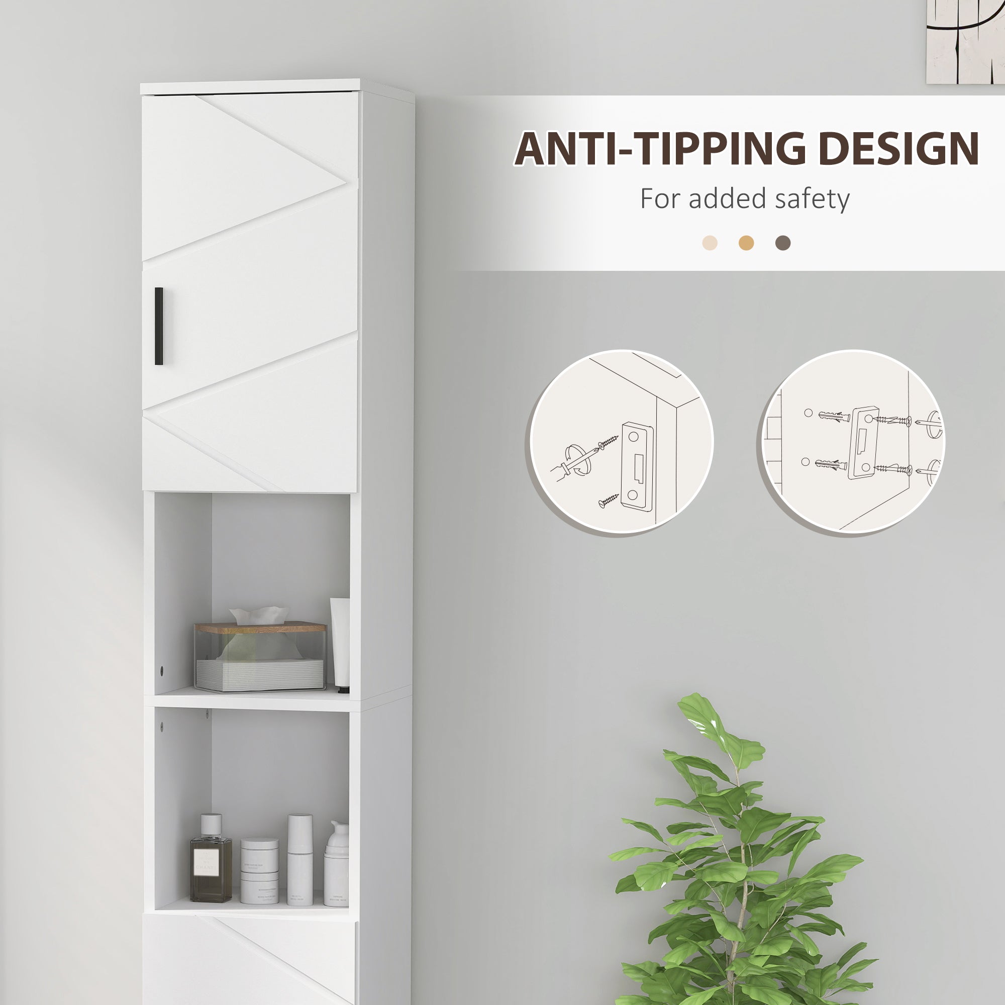 kleankin Line Embossed Tall Bathroom Storage Cabinet - White