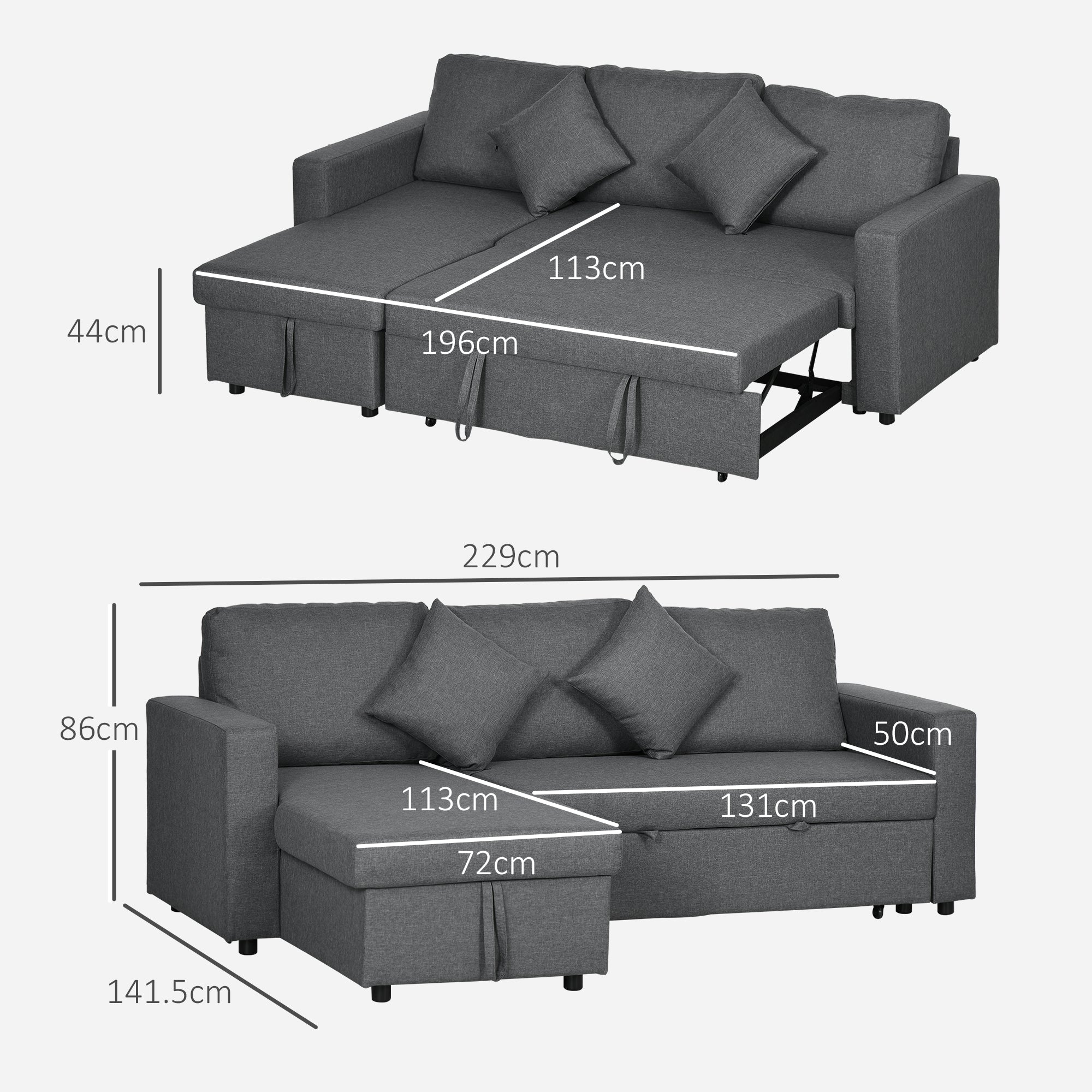 HOMCOM 3 Seater Sofa Bed with Storage, Delivered to Your Home for Free, Dark Grey