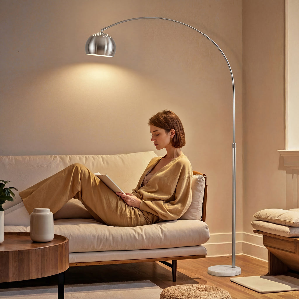 Arc Floor Lamp for Living Room, Modern Adjustable Standing Lamp with Faux Black Marble Base Silver Tone
