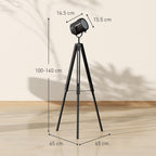 Industrial Tripod Floor Lamp, Nautical Searchlight with Adjustable Height, Wood Legs, E14 Lamp Base for Living Room, Bedroom, Black