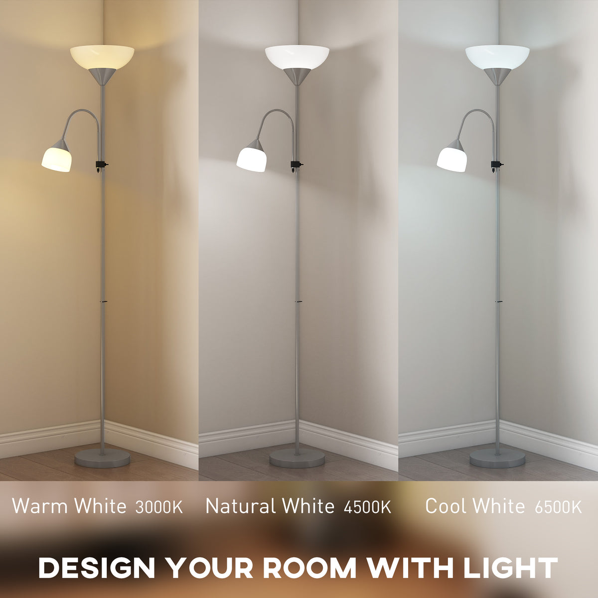 LED Floor Lamp for Living Room, 180cm Tall Standing Lamp, Mother and Child Uplighter with Adjustable Gooseneck, 3000K/4500K/6500K Colour Temperatures, Silver Tone