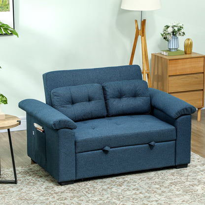 Pull Out Sofa Bed, Fabric 2 Seater Click Clack Sofa Bed Settee with 2 Pocket Springs, Convertible Sofa Couch with Pillows and Side Pockets for Living Room, Home Office, Blue
