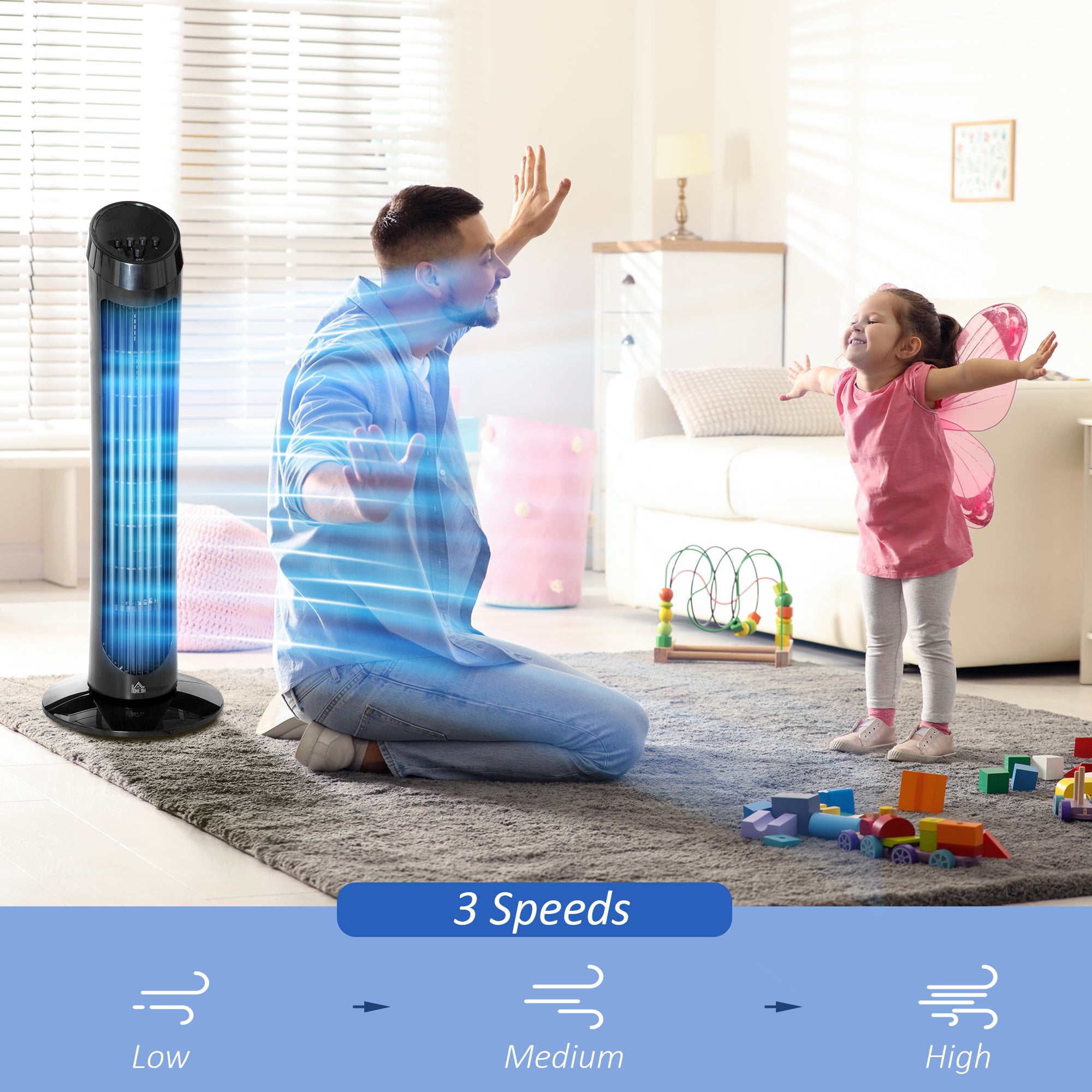 Tower Fan for Bedroom, 30 inch, 6 m/s Powerful Velocity, Standing Floor Fan with 70° Oscillating and 3 Speeds for Home Office Indoor, Black