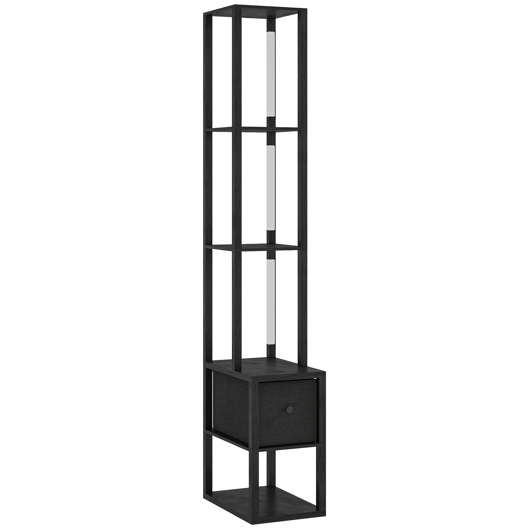 Floor Lamp with Shelves, LED Column Modern Standing Lamp with Fabric Drawer, Adjustable Brightness, Foot Switch for Living Room, Bedroom, Office, Black