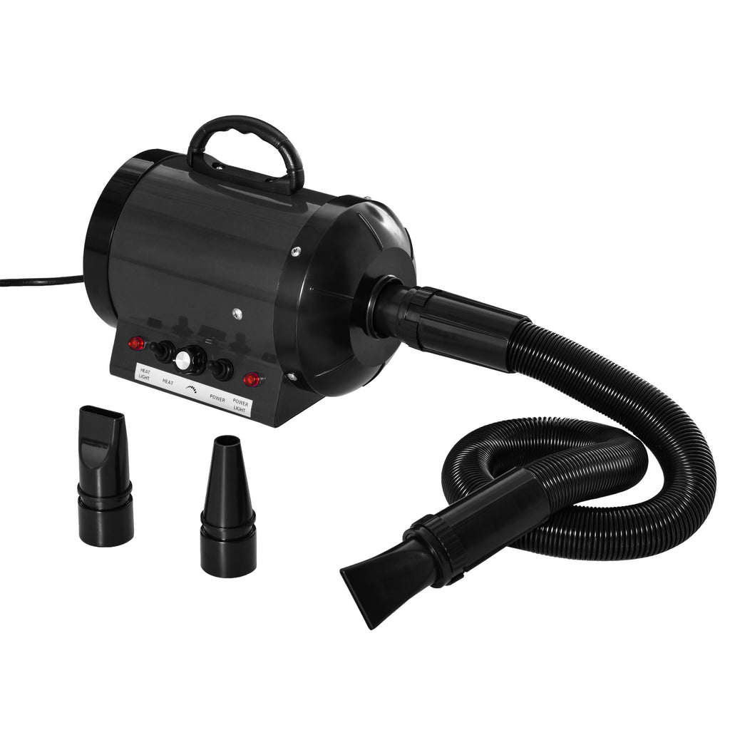 PawHut Dog Hair Dryer Pet Grooming Blaster Dryer Blower Adjustable Temperature Speed with 2.1M Flexible Hose 3 Nozzles - Black