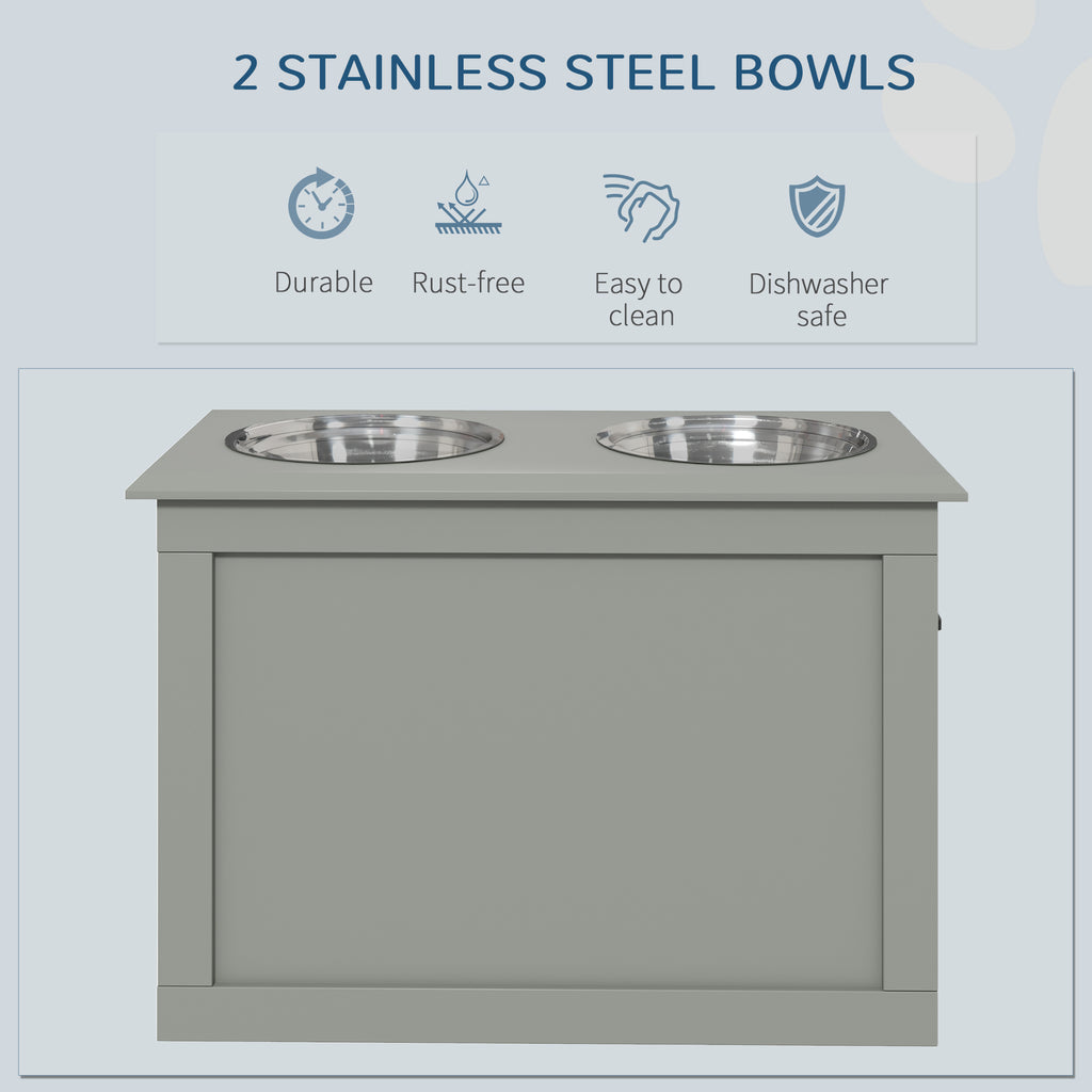 PawHut Raised Dog Bowls, with Storage, Two Stainless Steel Bowls, Elevated Base - Grey