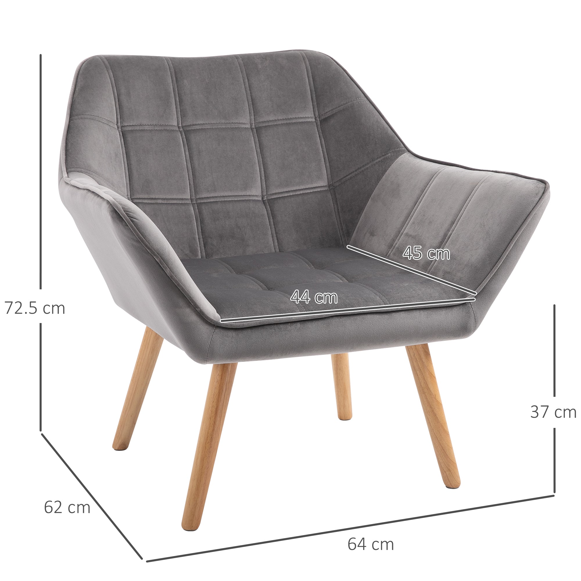HOMCOM Accent Chair, Velvet Upholstered Vanity Tub Chair with Flared Armrests, Slanted Back, Solid Wood Legs, Comfy Padding Armchair, Home Bedroom Furniture Seating, Set of 2, Grey