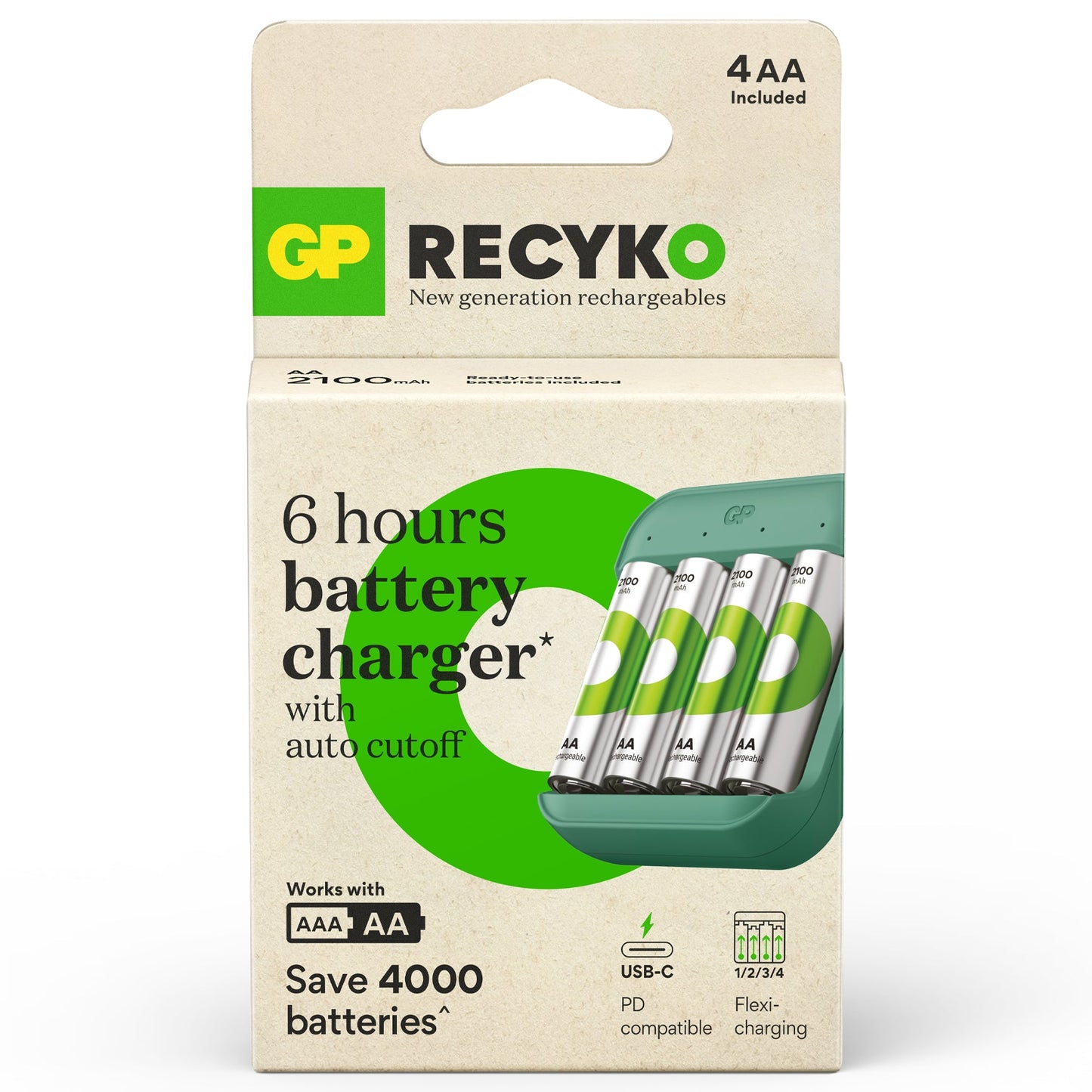 GP Recyko B423 AA / AAA USB Battery Charger with 4x Recyko 2100mAh AA Batteries