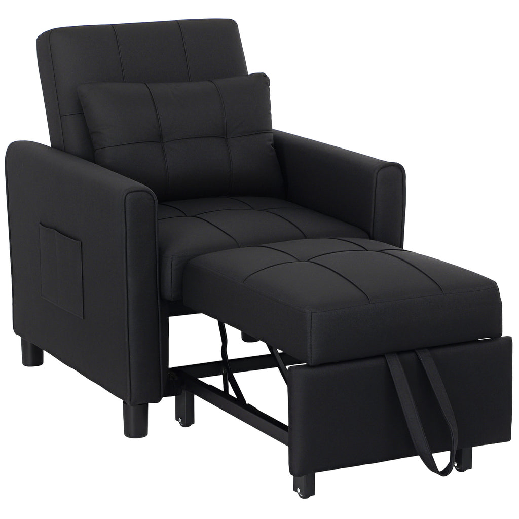 HOMCOM 3-In-1 Linen-Look Single Chair Bed with 11cm Thick Adjustable Back & Eucalyptus Wood Sofa Frame - Black