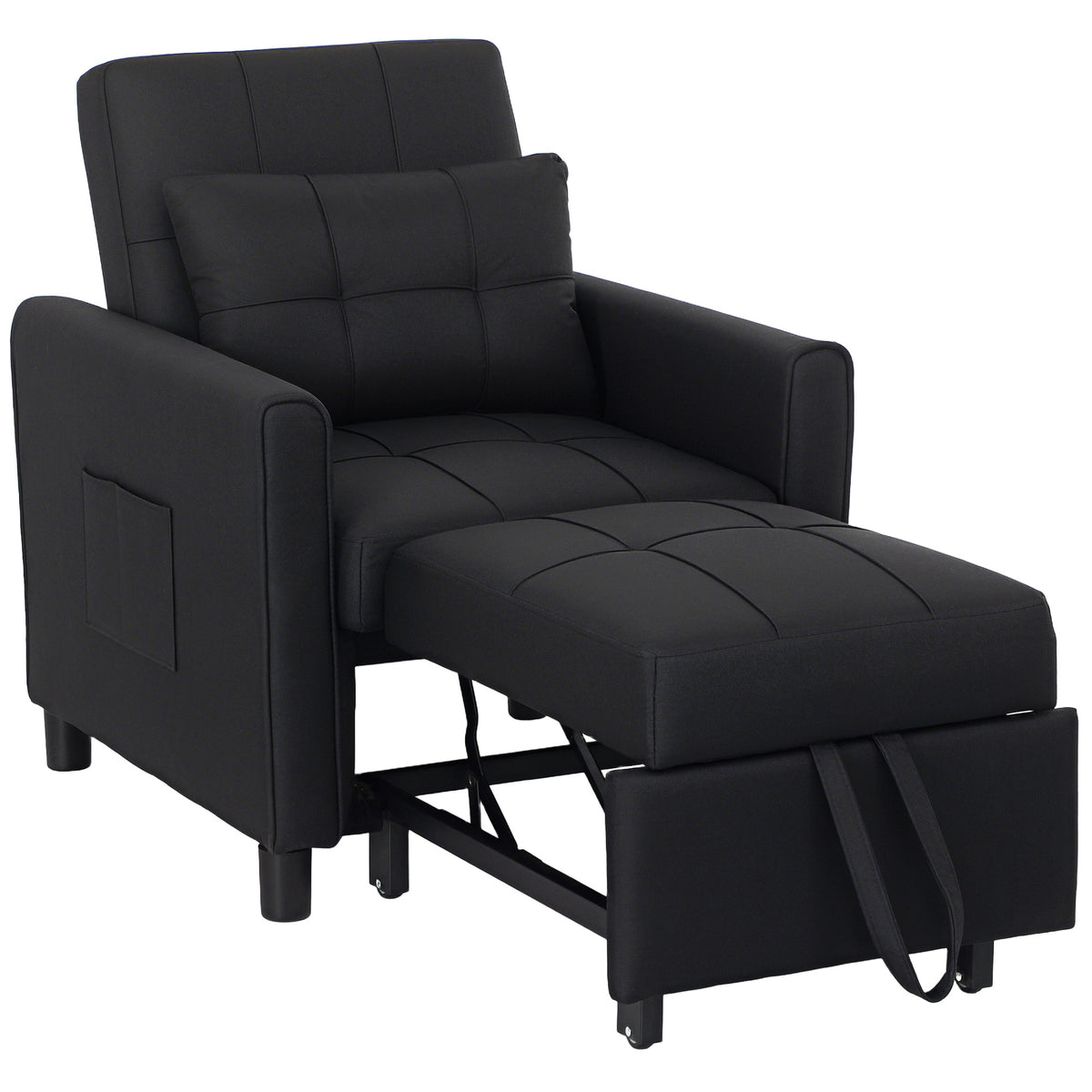 3-In-1 Linen-Look Single Chair Bed with 11cm Thick Adjustable Back & Eucalyptus Wood Sofa Frame - Black