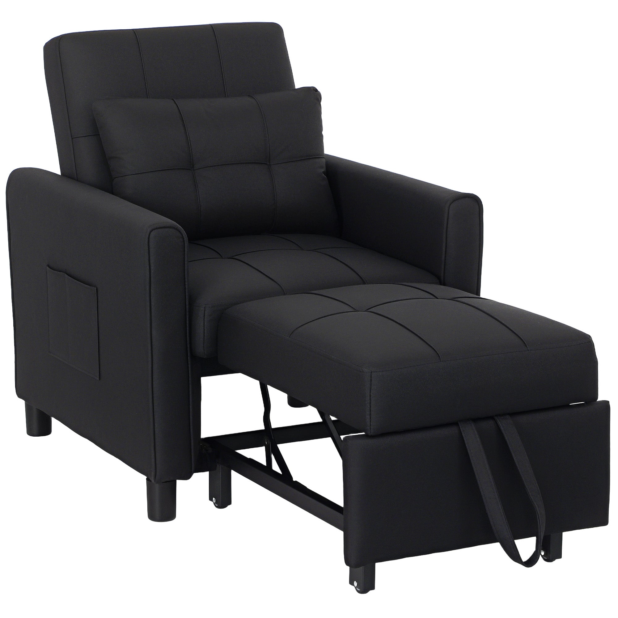 HOMCOM 3-In-1 Linen-Look Single Chair Bed with 11cm Thick Adjustable Back & Eucalyptus Wood Sofa Frame - Black