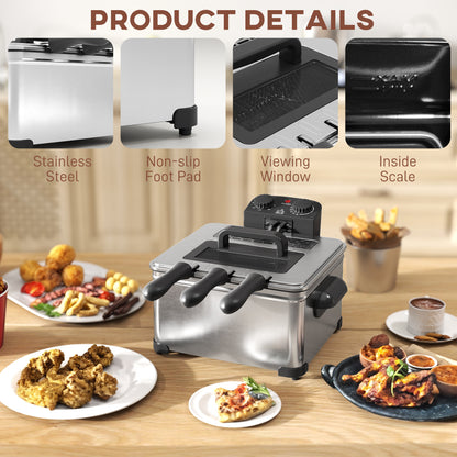 5 Litre Deep Fat Fryer Stainless Steel with Adjustable Temperature, 60min Timer, Removable Oil Basket, Viewing Window and Safety Cut Out, 2000W