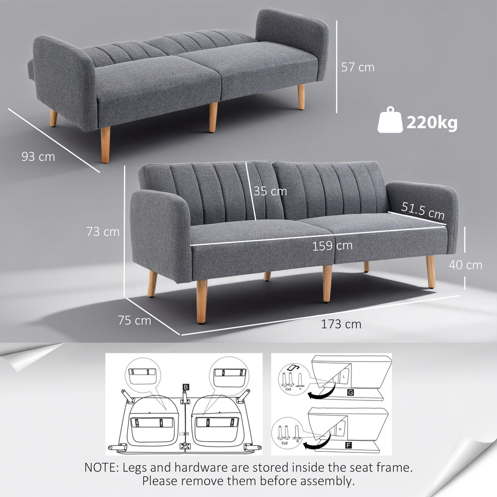HOMCOM 3 Seater Sofa Bed, Convertible Linen Fabric Sofa Couch, Click Clack Sofabed with Adjustable Split Backrest for Living Room, Bedroom, Guest Room, Grey
