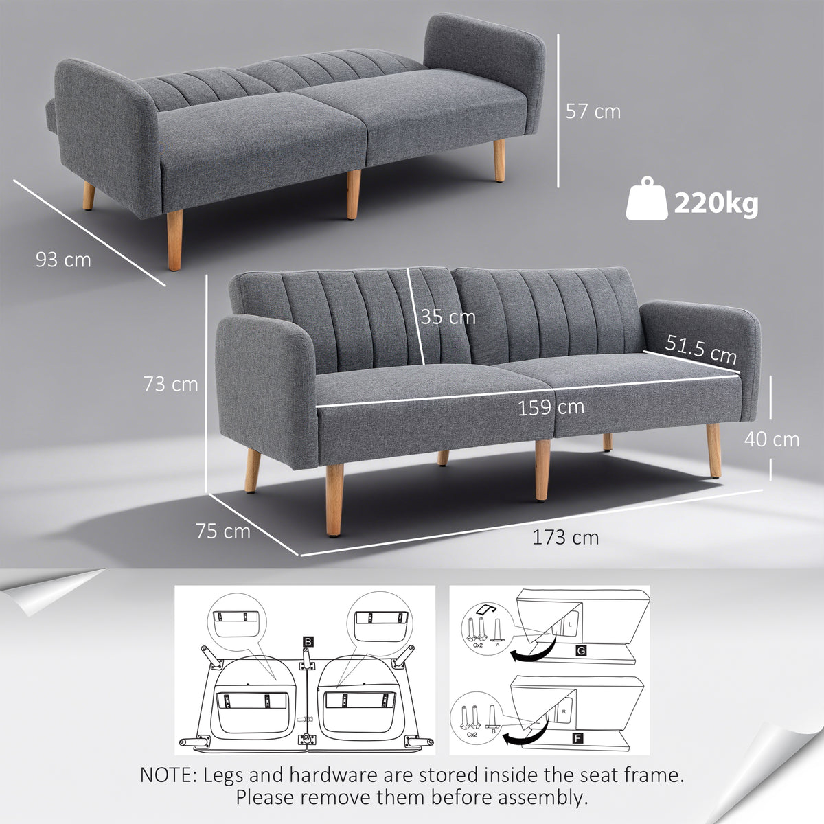 3 Seater Sofa Bed, Convertible Linen Fabric Sofa Couch, Click Clack Sofabed with Adjustable Split Backrest for Living Room, Bedroom, Guest Room, Grey