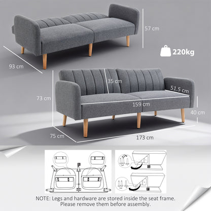 3 Seater Sofa Bed, Convertible Linen Fabric Sofa Couch, Click Clack Sofabed with Adjustable Split Backrest for Living Room, Bedroom, Guest Room, Grey