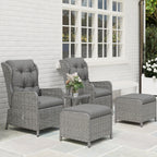 Outsunny 5 Pieces Rattan Bistro Set with Adjustable Back, Reclining Wicker Balcony Furniture with Cushions, Glass Top Coffee Table and Footstools, Outdoor Table and Chairs, Light Grey