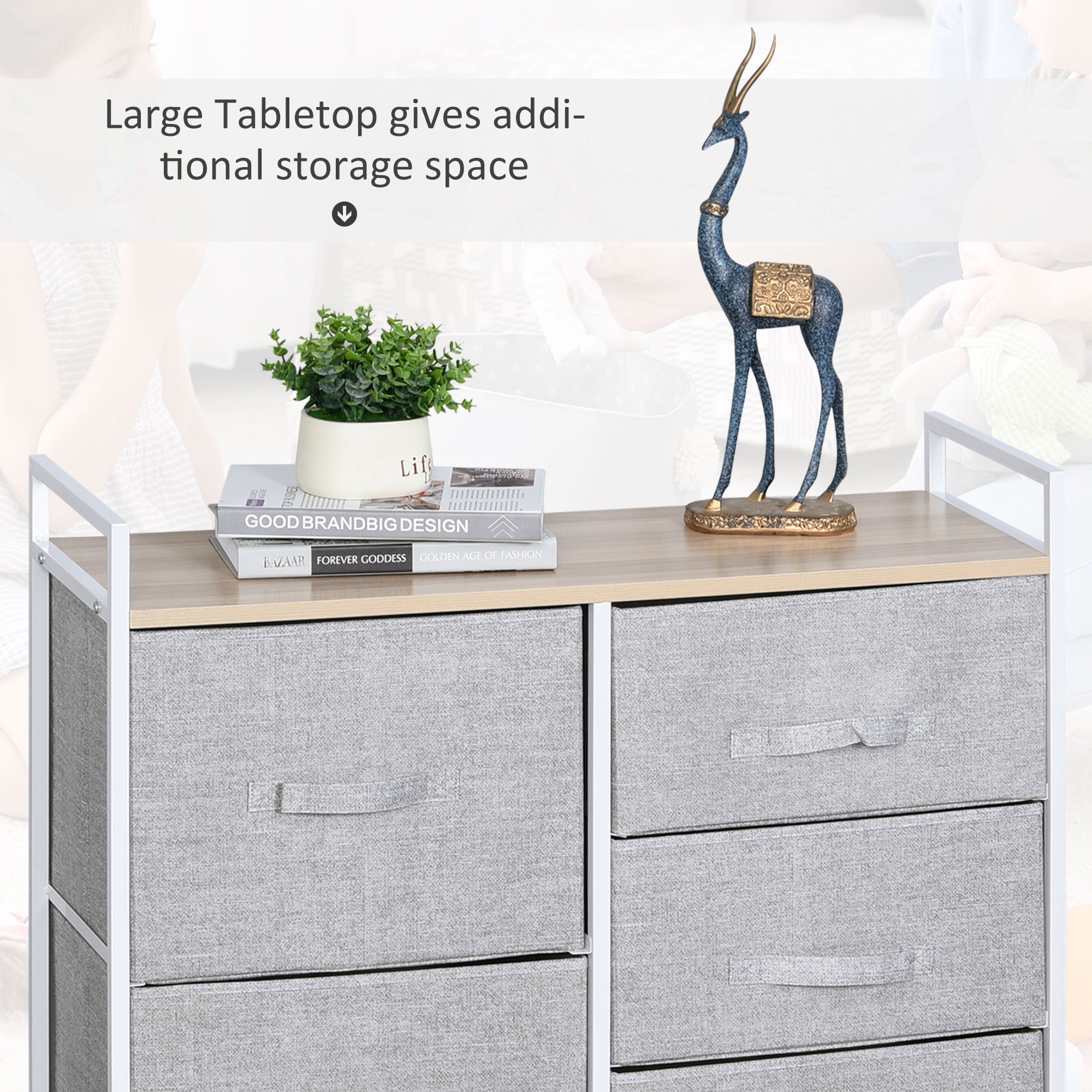 HOMCOM 5 Drawer Linen Basket Storage Unit Home Organisation w/ Shelf Handles Metal Frame Adjustable Feet Hallway Home Dresser Grey