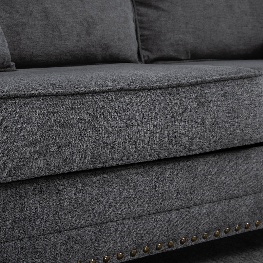 HOMCOM 196cm 3 Seater Sofa, Fabric Sofa with Rubber Wood Legs, Nailhead Trim, 2 Pillows, Small Upholstered Couch Settee for Living Room, Guest Room, Grey
