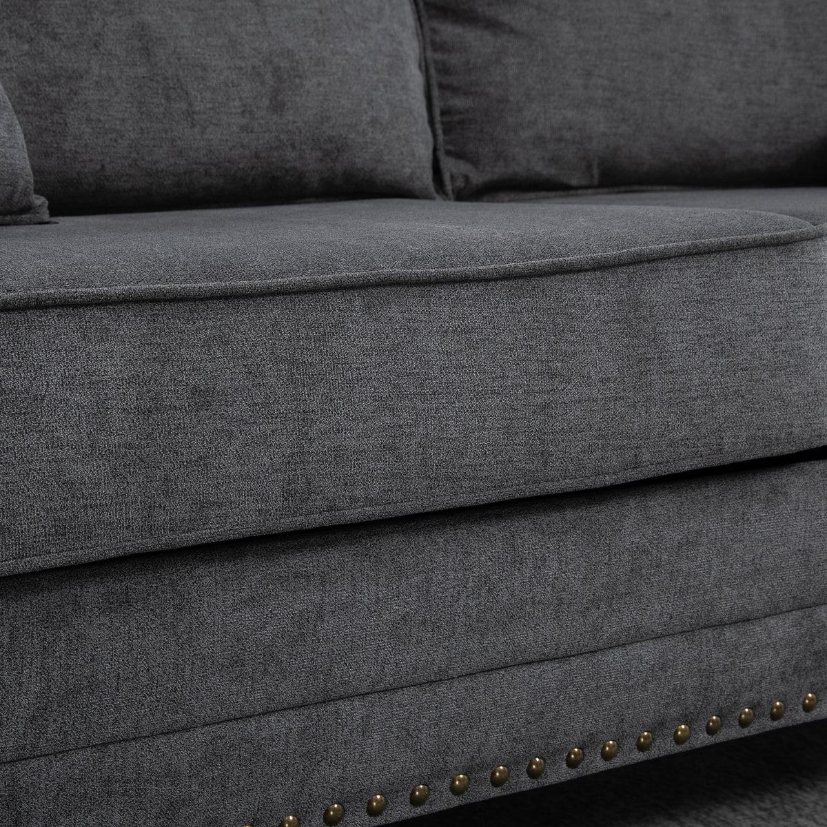 196cm 3 Seater Sofa, Fabric Sofa with Rubber Wood Legs, Nailhead Trim, 2 Pillows, Small Upholstered Couch Settee for Living Room, Guest Room, Grey