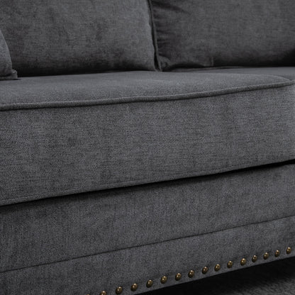 196cm 3 Seater Sofa, Fabric Sofa with Rubber Wood Legs, Nailhead Trim, 2 Pillows, Small Upholstered Couch Settee for Living Room, Guest Room, Grey