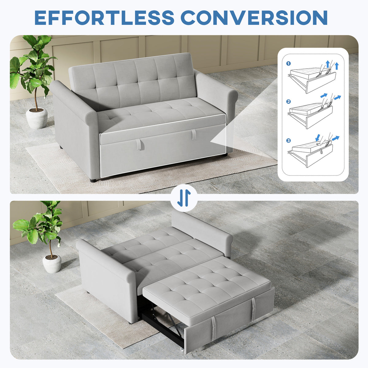 Two-Seater Velvet-Feel Sofa Bed - Grey