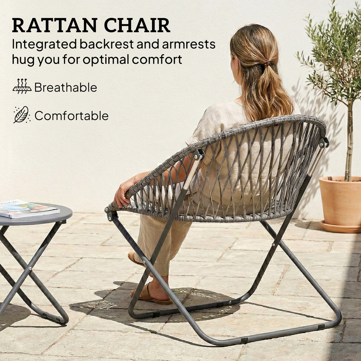 Outsunny Patio Bistro Set, Folding Patio Furniture Set with 2 Chairs and Table, Grey