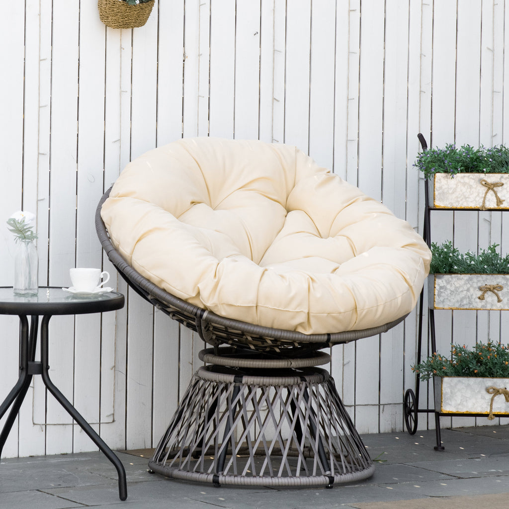 Outsunny 360° Swivel Rattan Moon Bowl Chair Round Lounge Garden Wicker Basket Seat with Padded Cushion Oversized for Outdoor Indoor, Beige