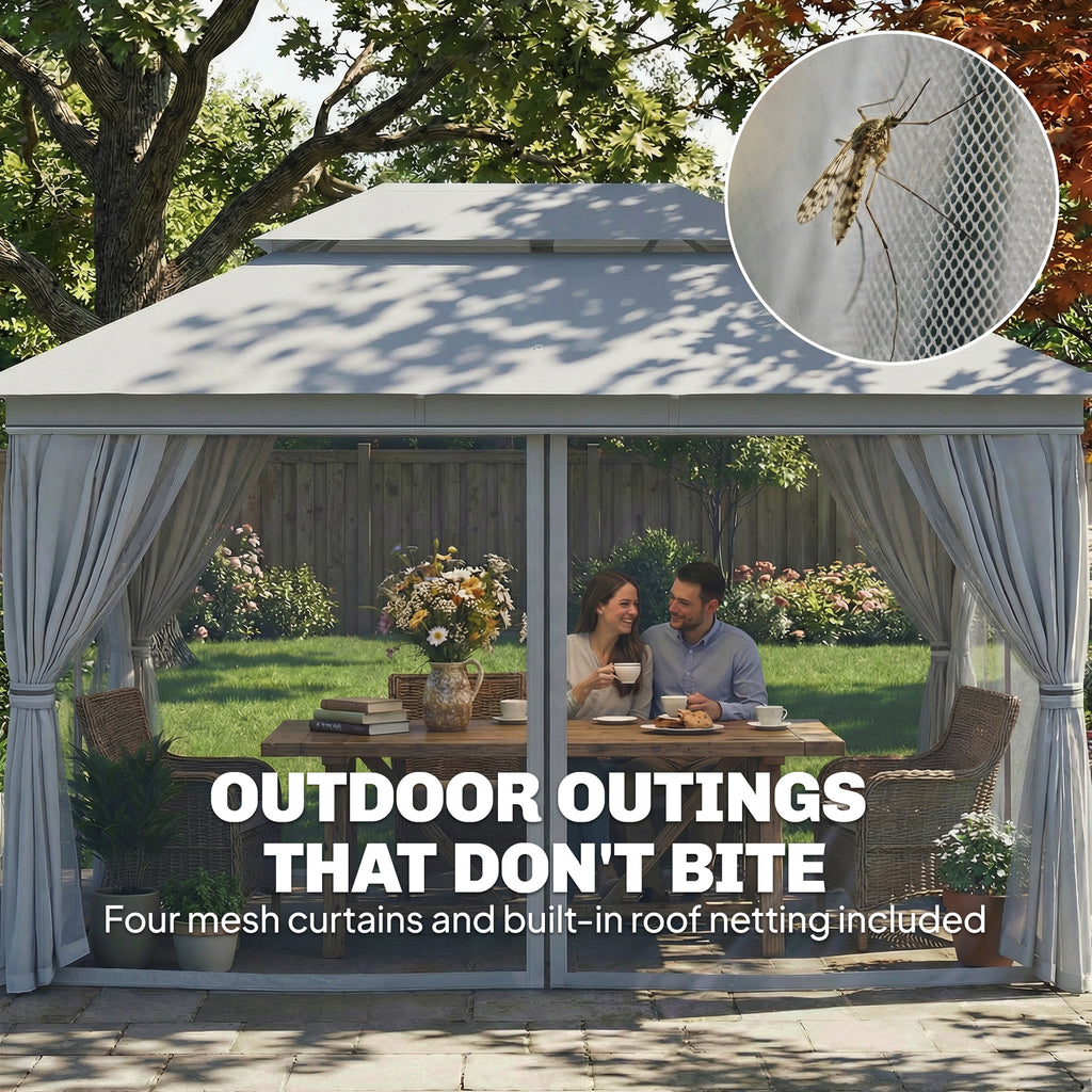 Outsunny 3 x 4 m Outdoor Garden Gazebo with Netting and Curtains, UPF50+ Patio Gazebo Permanent Pavilion Canopy, Dark Grey
