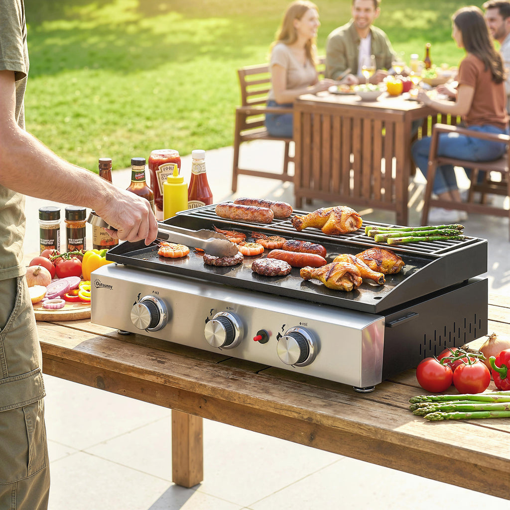 Outsunny 3 Burner Grill Griddle, Portable Gas Plancha with Warming Rack, 7.5 kW, Tabletop Gas BBQ with Grease Cup, Black