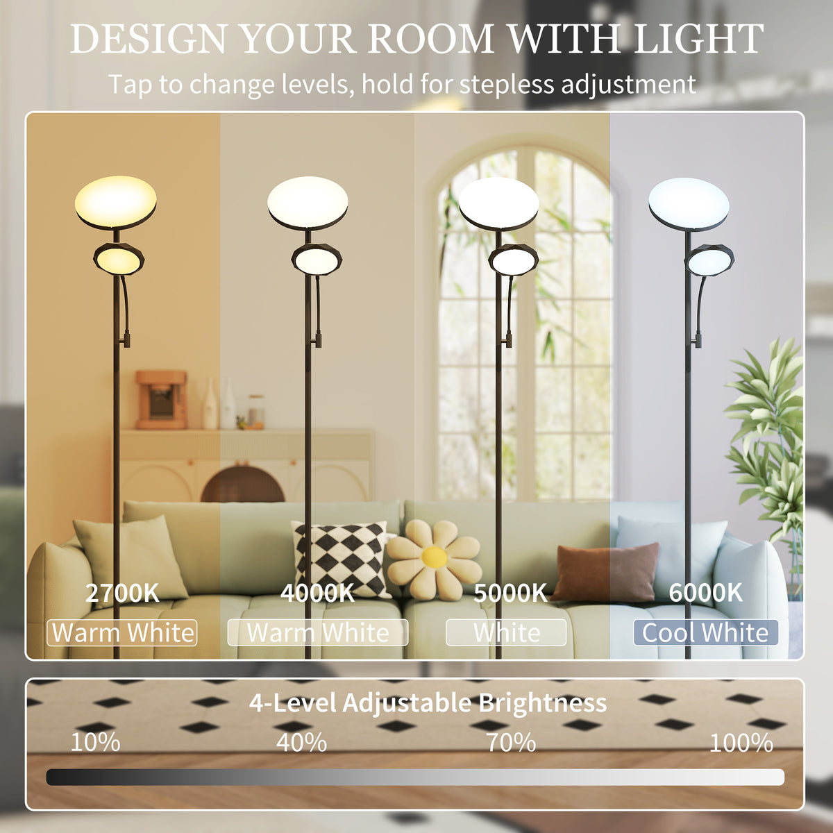 LED Floor Lamp for Living Room, Stepless Dimmable Standing Lamp, Mother and Child Uplighter with Reading Light, 4 Scene Modes, 2700K-6500K Colour Temps, 4 Brightness Levels, Remote Control