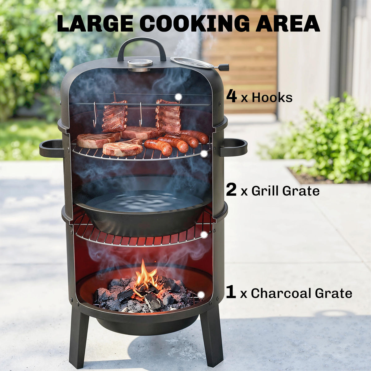 Outsunny 3-in-1 Vertical Charcoal Smoker with 2 Grill Grates, Built-in Thermometer, Adjustable Vent, 2 Doors