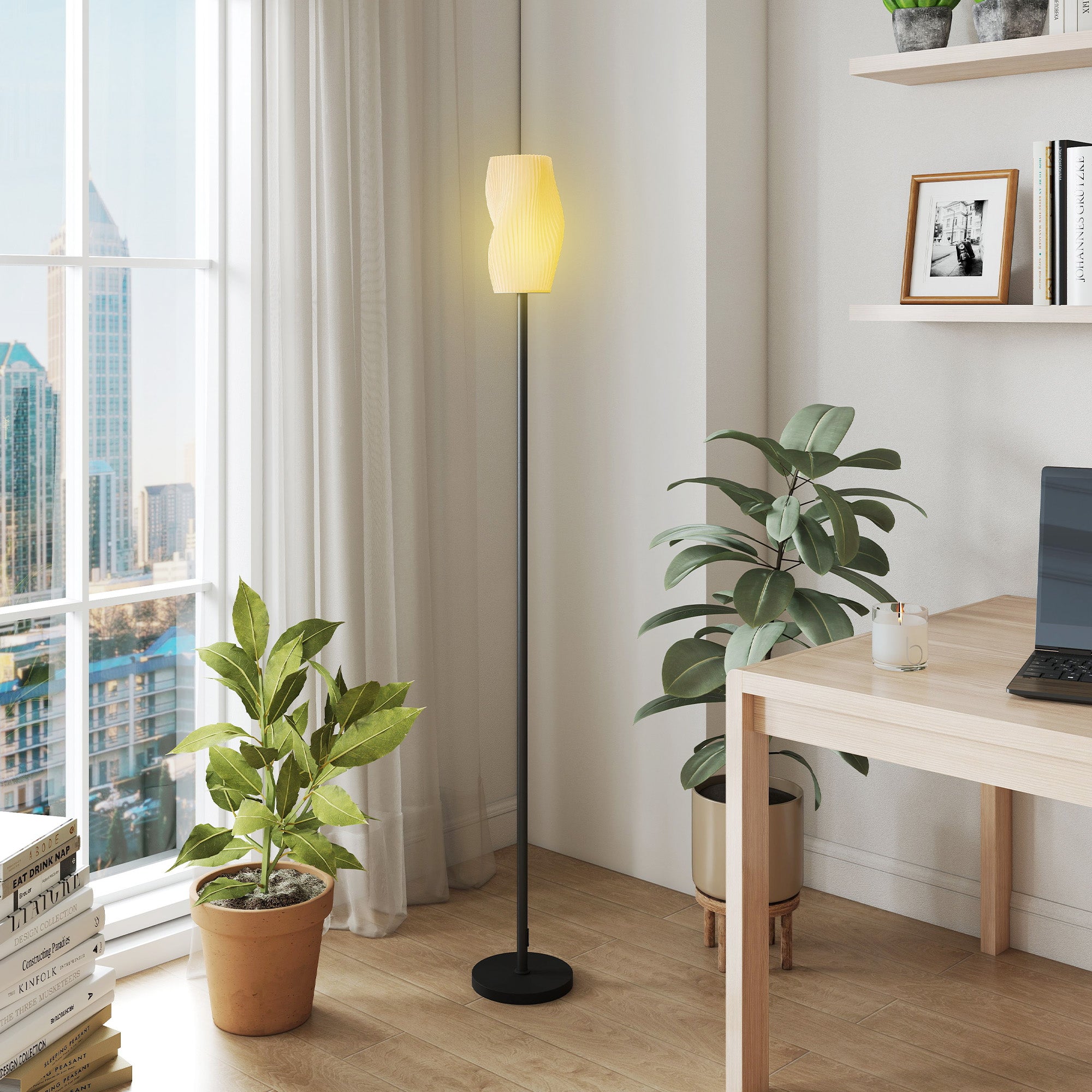 Floor Lamp for Living Room, 3D Printed Modern Standing Lamp with Flowing Curved Shade & Foot Switch, Minimalist Tall Pole Lampshade for Bedroom, Office, E27 Holder without Bulb (25W Max), White