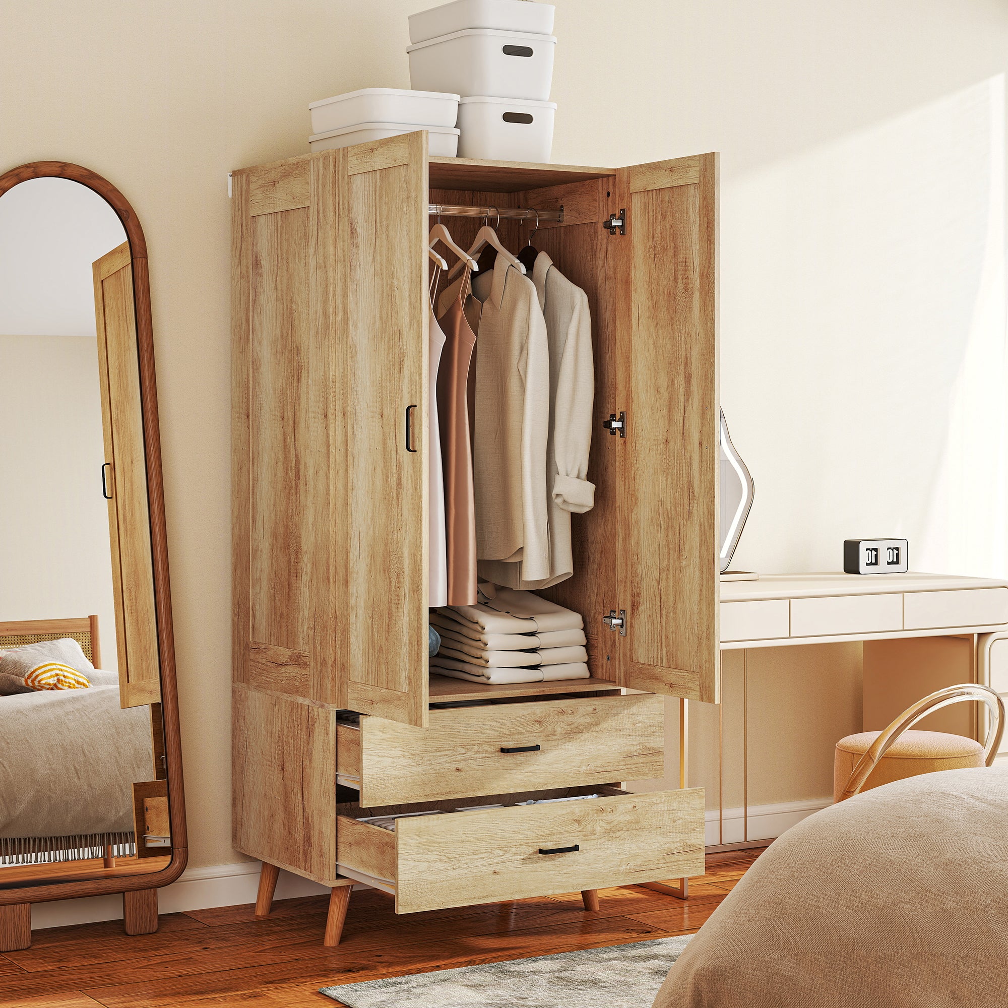 2 Door Wardrobe, Modern Wardrobe with 2 Drawer and Hanging Rail for Bedroom, Natural