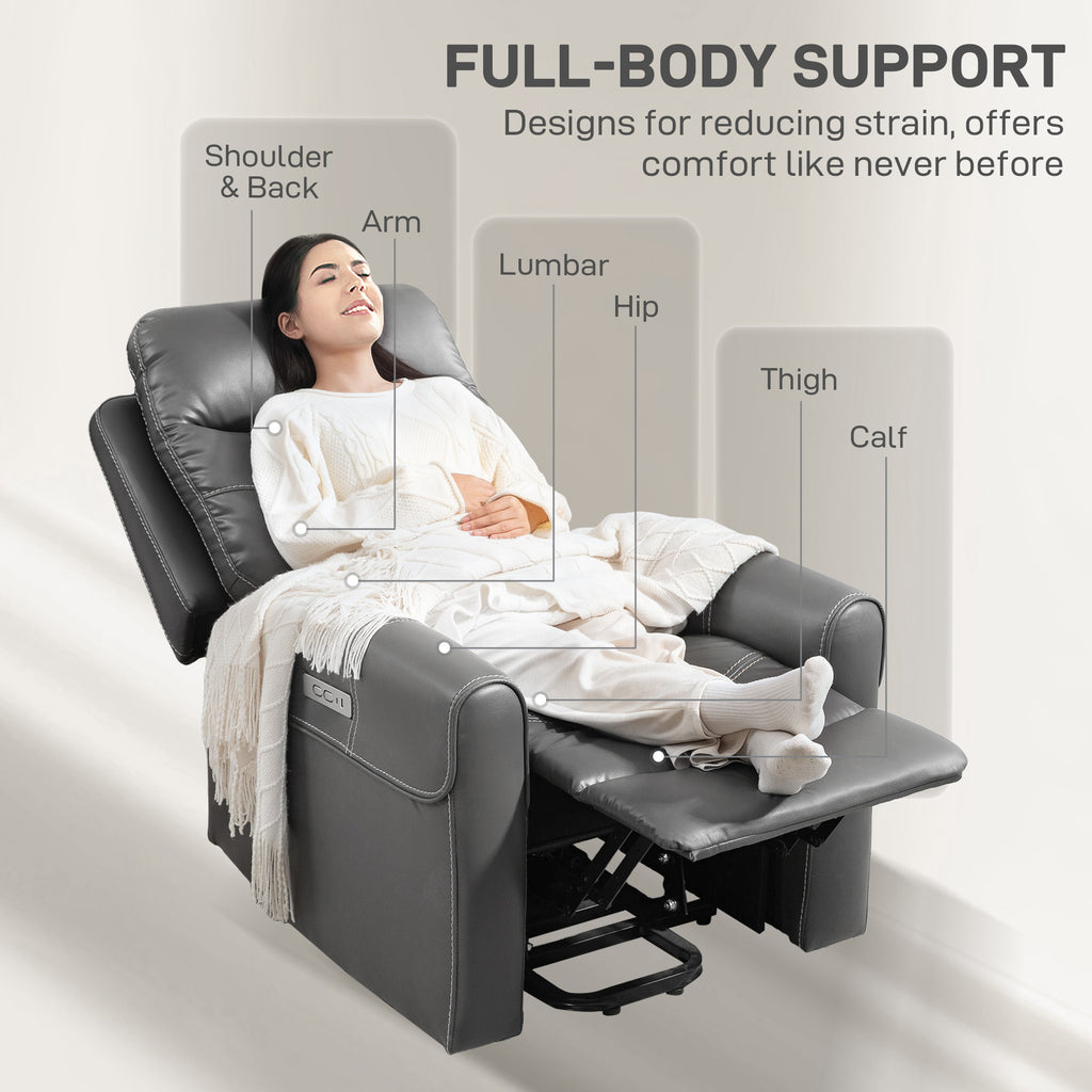 HOMCOM Power Lift Recliner Chair for Elderly, Overstuffed Faux Leather Riser and Reclining Chair with USB A+C Ports, Recliner Armchair for Living Room, Charcoal Grey