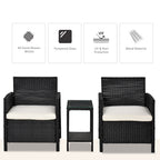 Outsunny 2-Seater PE Rattan Side Table & Armchair Bistro Set Jack and Jill Seat w/ Pillows Black