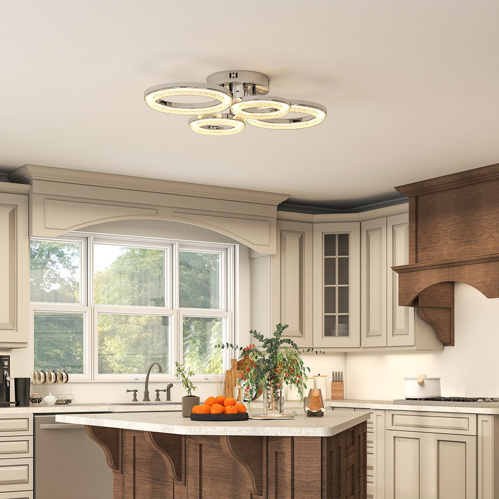 4-Ring LED Ceiling Light, Flush Mount Ceiling Light with 3 Colour Temperatures, Silver Tone