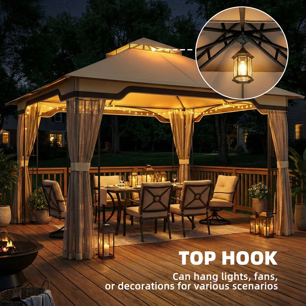 Outsunny 3.3 x 3.3 m Outdoor Garden Gazebo with Post Shelves, UPF50+ Patio Permanent Pavilion with Hook, Khaki