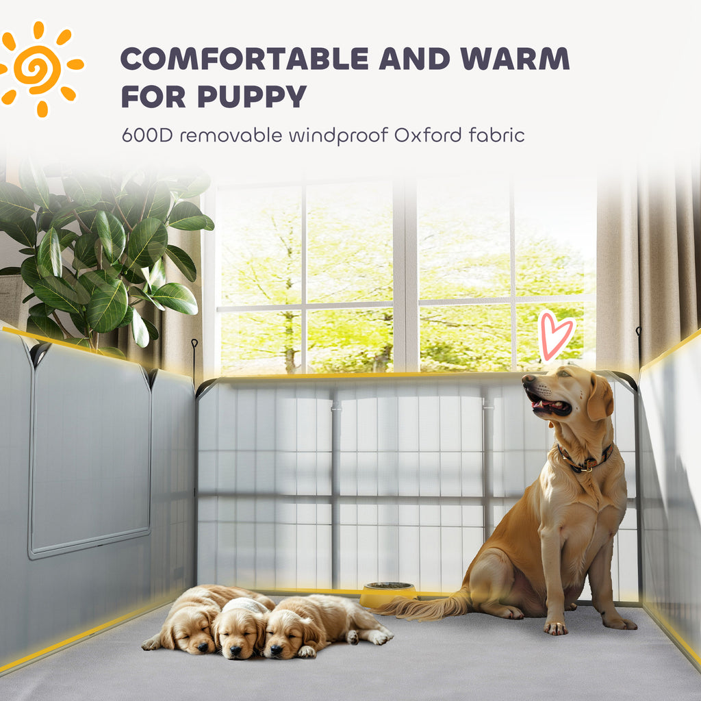 PawHut Steel Dog Whelping Box with Washable Whelping Pad, Wind-Resistant Cloth, for Small, Medium Dogs, 122 x 122 x 60cm