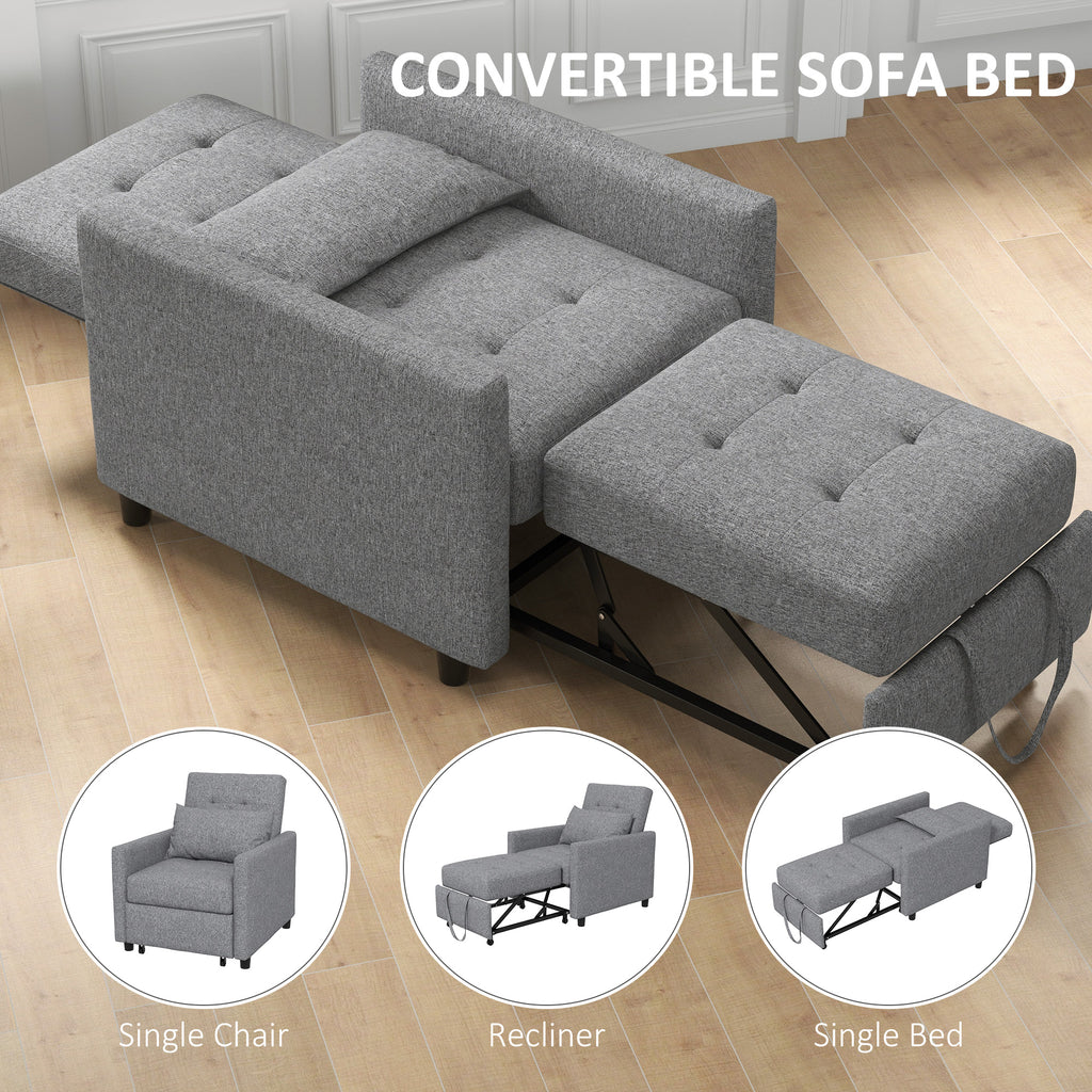 HOMCOM 3-In-1 Single Chair Bed with Adjustable Backrest, Pillow and Footrest for Living Room, Grey