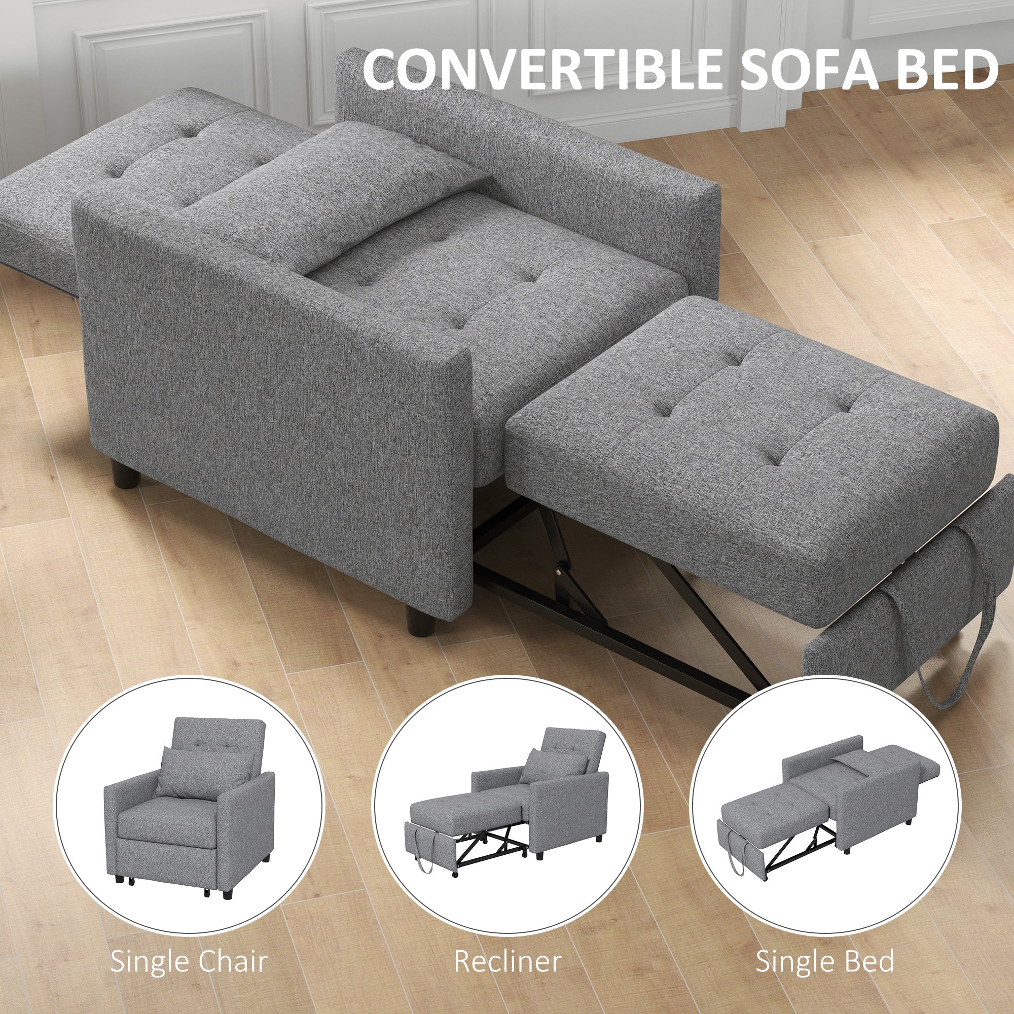 HOMCOM 3-In-1 Single Chair Bed with Adjustable Backrest, Pillow and Footrest for Living Room, Grey