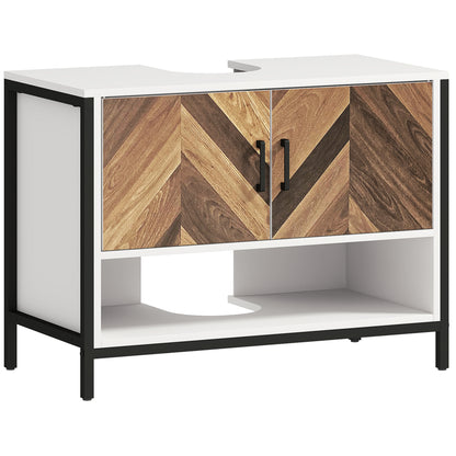 Under Sink Bathroom Cabinet, Rustic Under Sink Cabinet with Herringbone Doors and Open Compartment for Basin with or without Pedestal, 80 x 40 x 60cm, Cream White