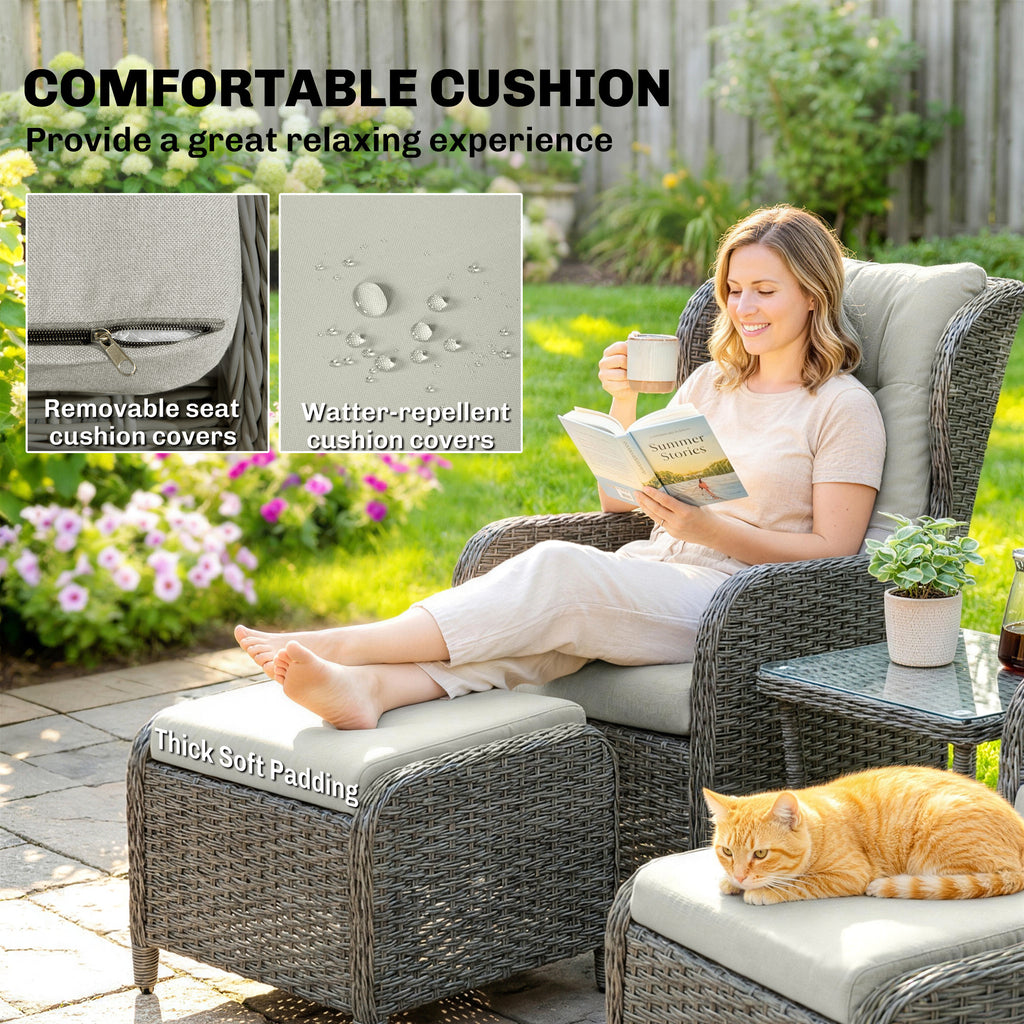 Outsunny Rattan Reclining Garden Chair Set of 2 with Footstool and Cushion for Balcony, Cream