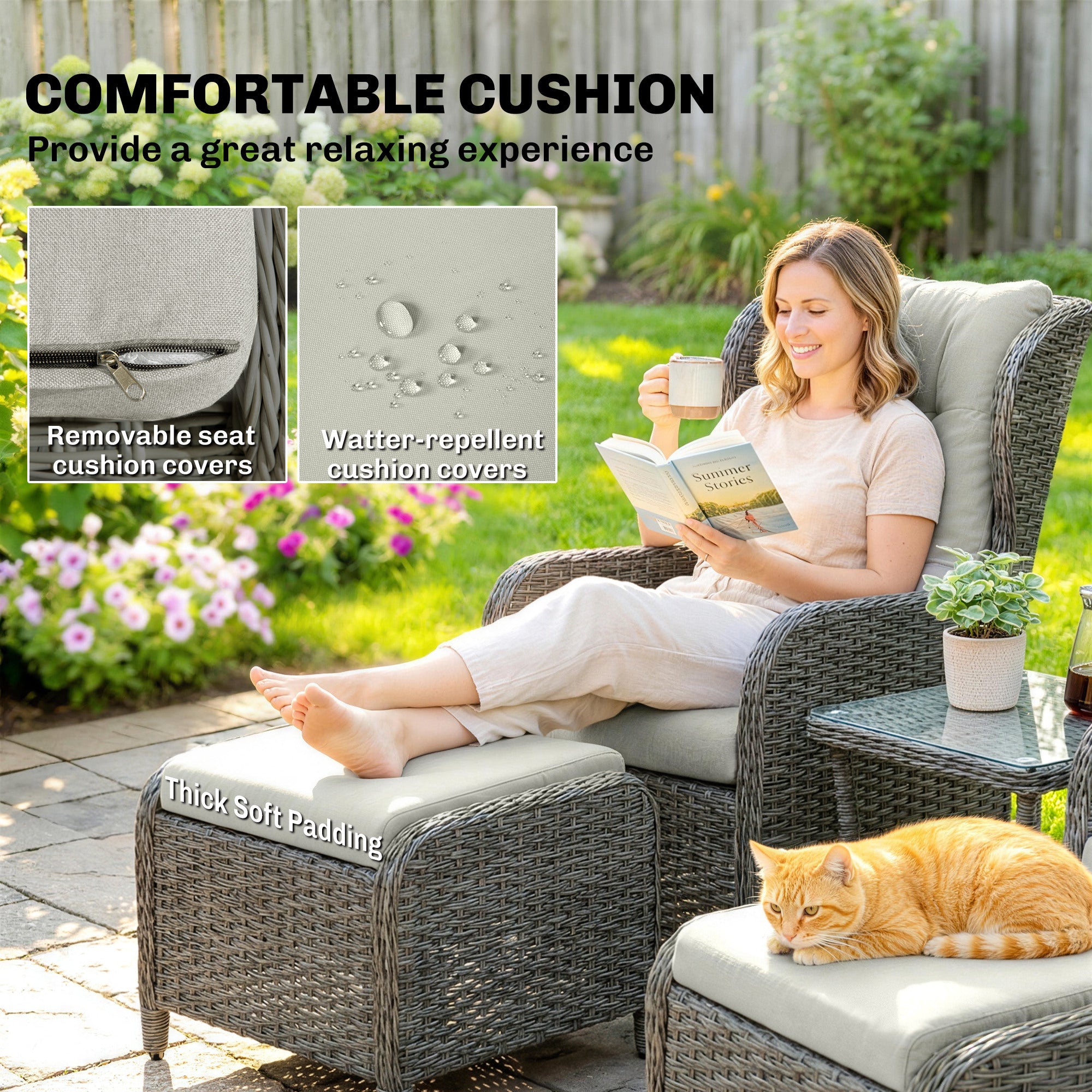 Outsunny Rattan Reclining Garden Chair Set of 2 with Footstool and Cushion for Balcony, Cream