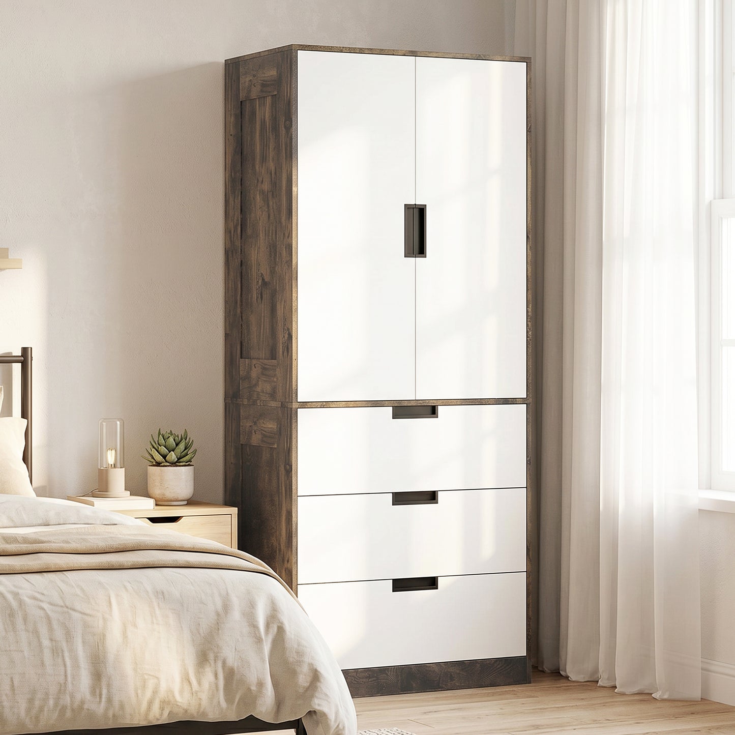 Modern Clothes Storage Cupboard Unit, 3 Drawer 2 Door Wardrobe with Hanging Rod, Rustic Brown