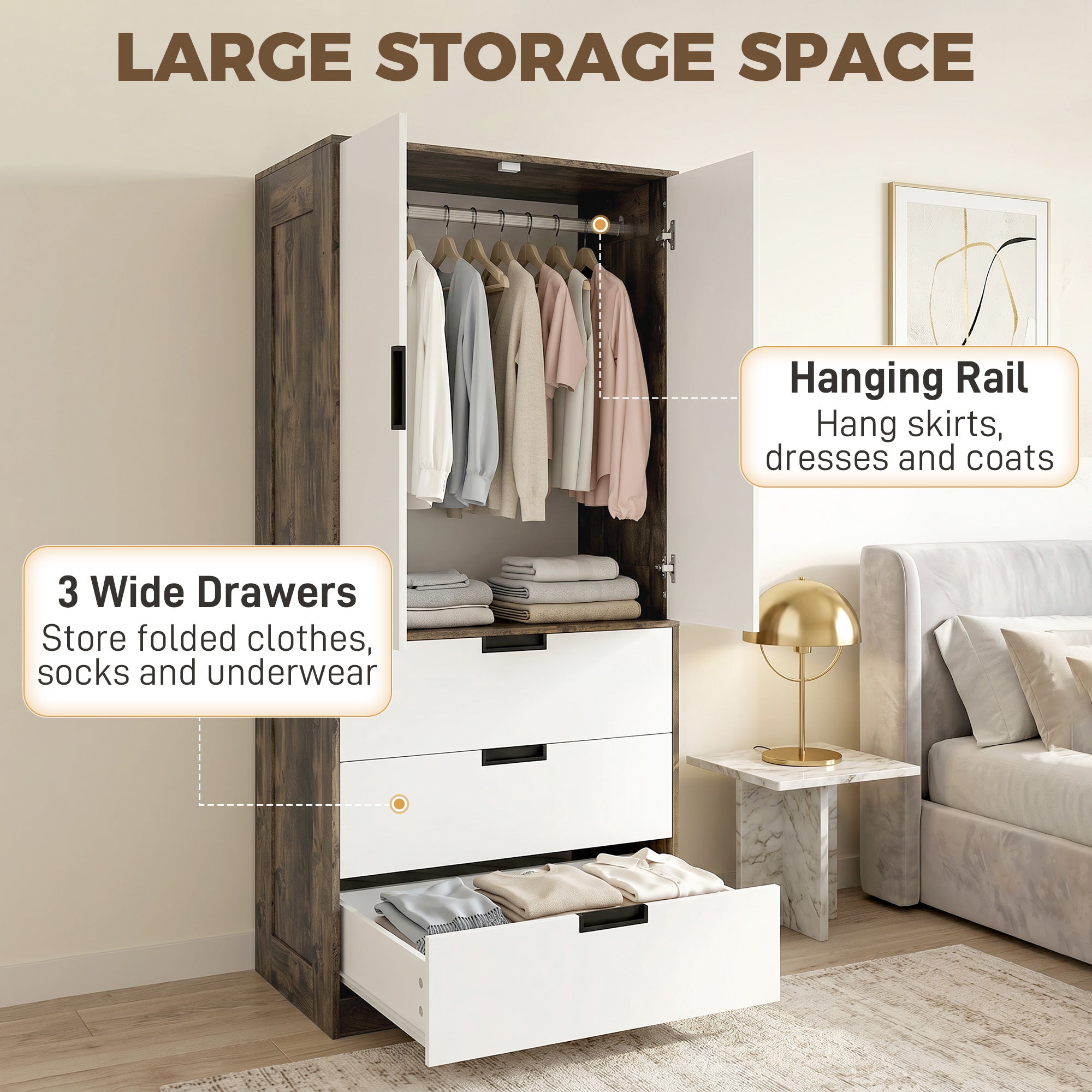 Modern Clothes Storage Cupboard Unit, 3 Drawer 2 Door Wardrobe with Hanging Rod, Rustic Brown
