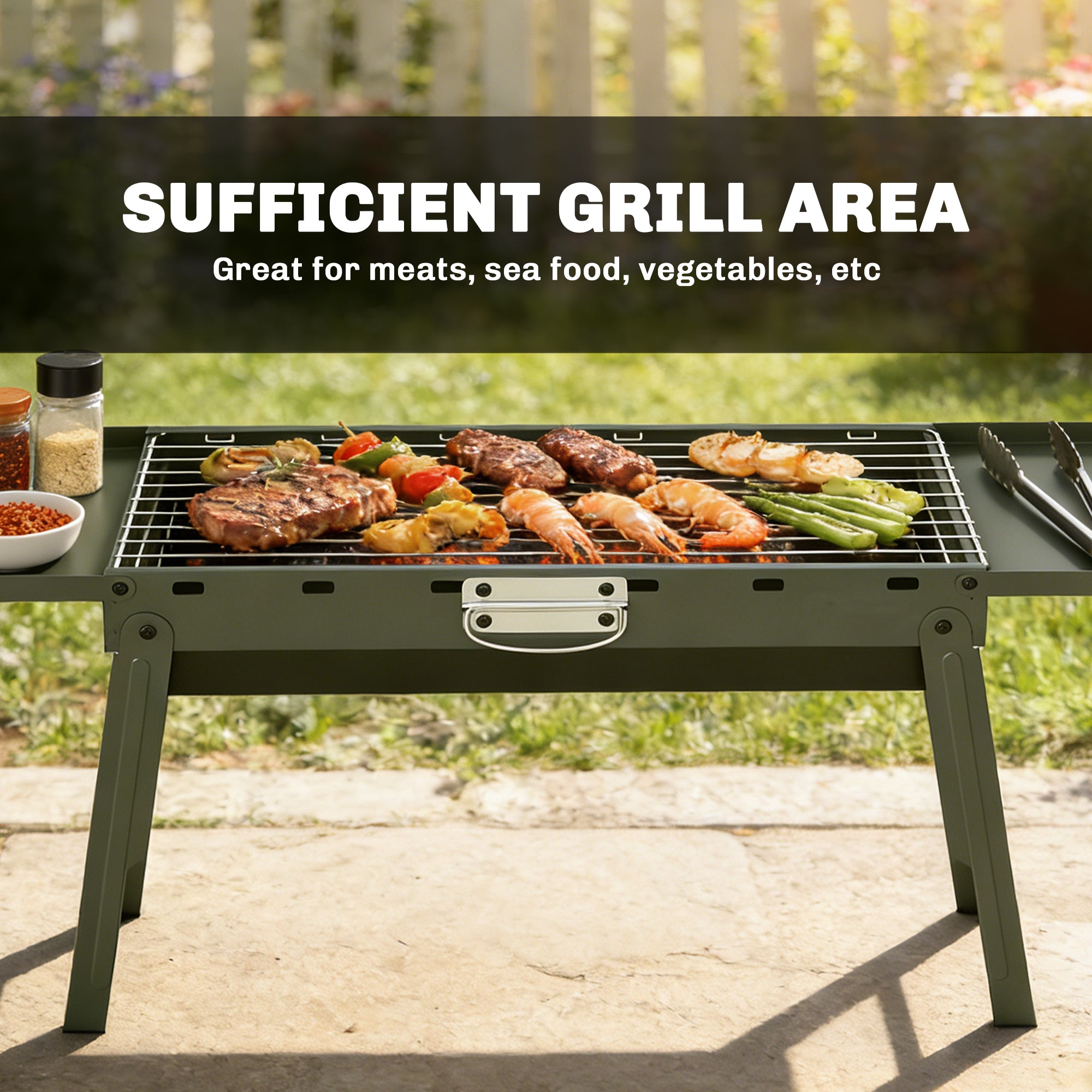 Outsunny Portable BBQ Grill, Foldable Charcoal Grill for Camping and Picnics with 2 Side Shelves and Handle, Green