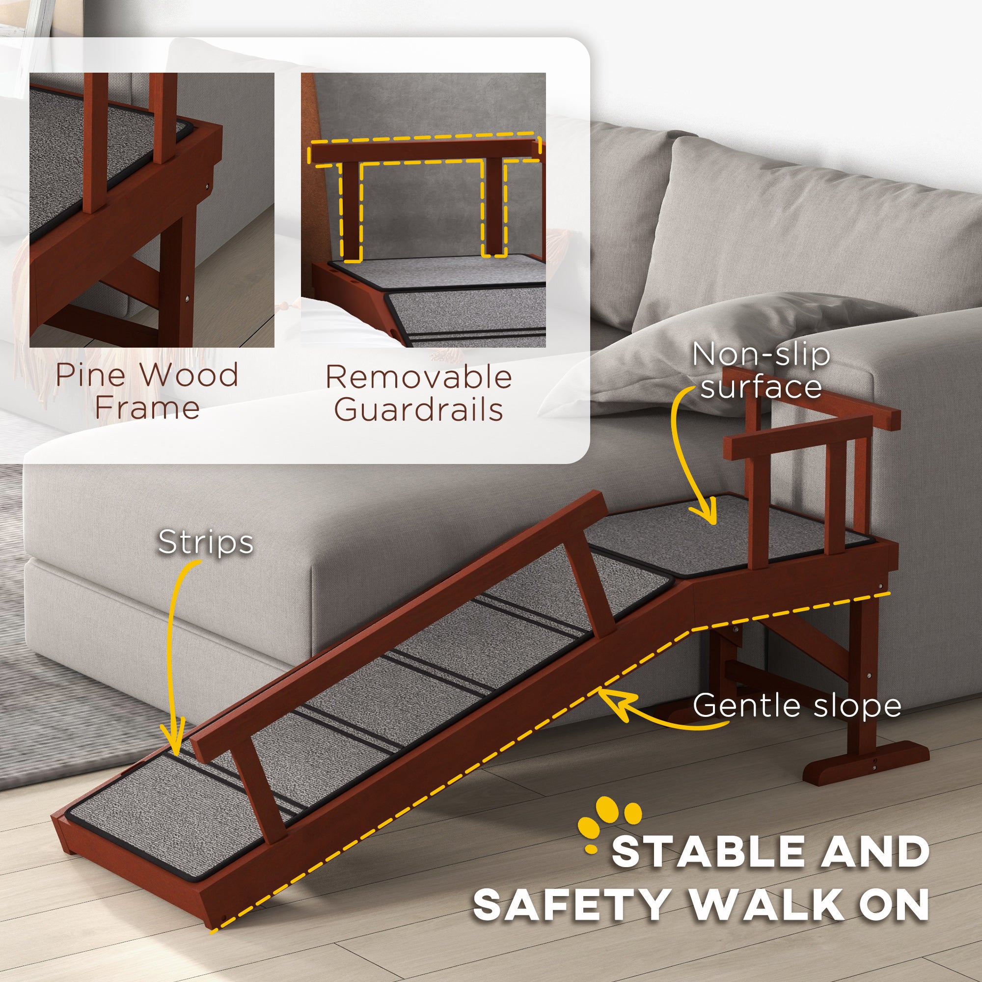 PawHut Wooden Dog Ramp with Removable Guardrails, Non-Slip Surface, 125 cm Long, Brown