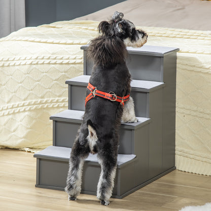 PawHut 4 Step Dog Steps for Bed, Wooden Dog Steps for Sofa, Pet Stairs for Bed Couch with Non-Slip Carpet for Cats and Puppies, 40 x 59 x 54.2 cm, Grey