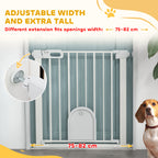 PawHut 75-82cm Pet Safety Gate, Pressure Fit Stair, with Cat Flap, Double Locking, White