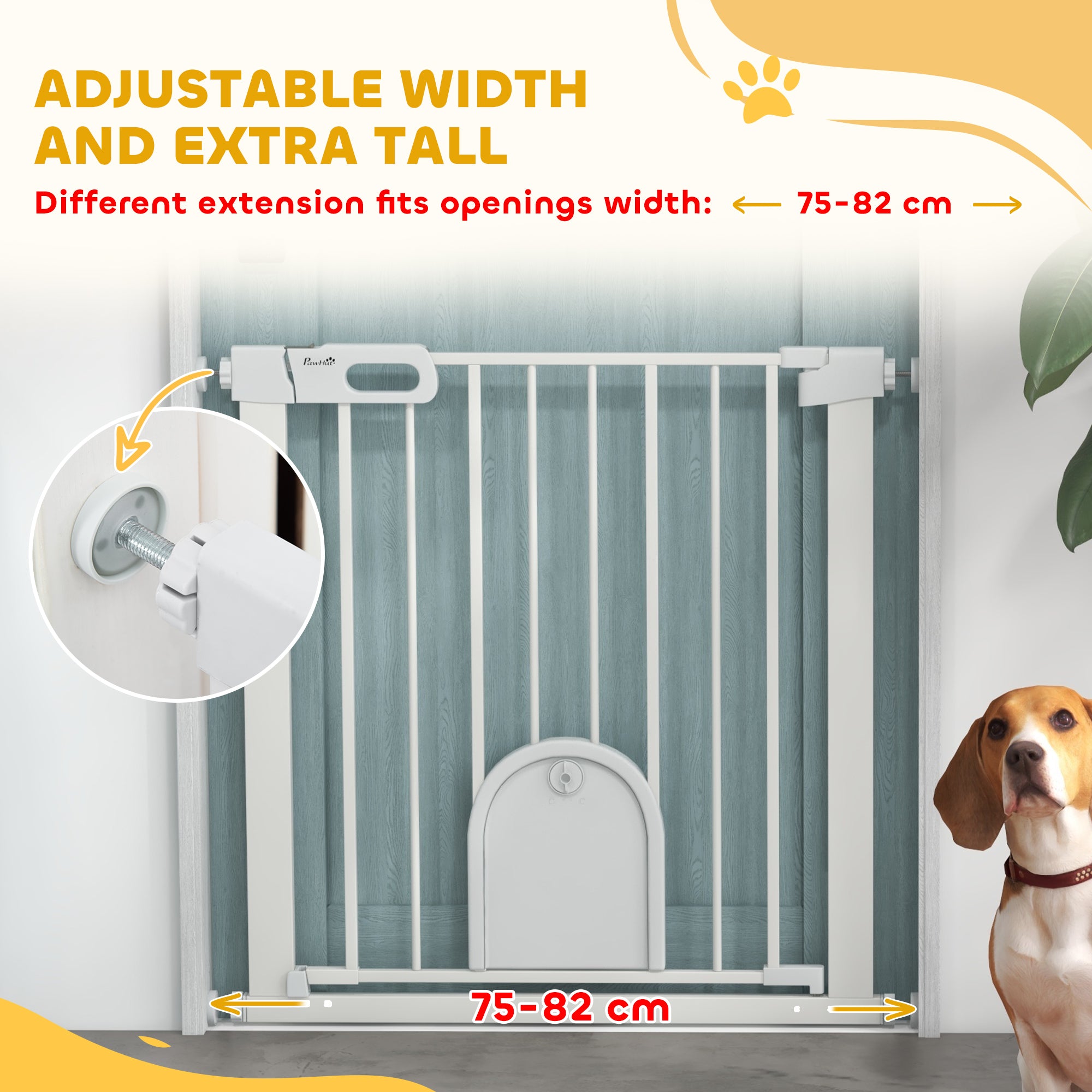 PawHut 75-82cm Pet Safety Gate, Pressure Fit Stair, with Cat Flap, Double Locking, White